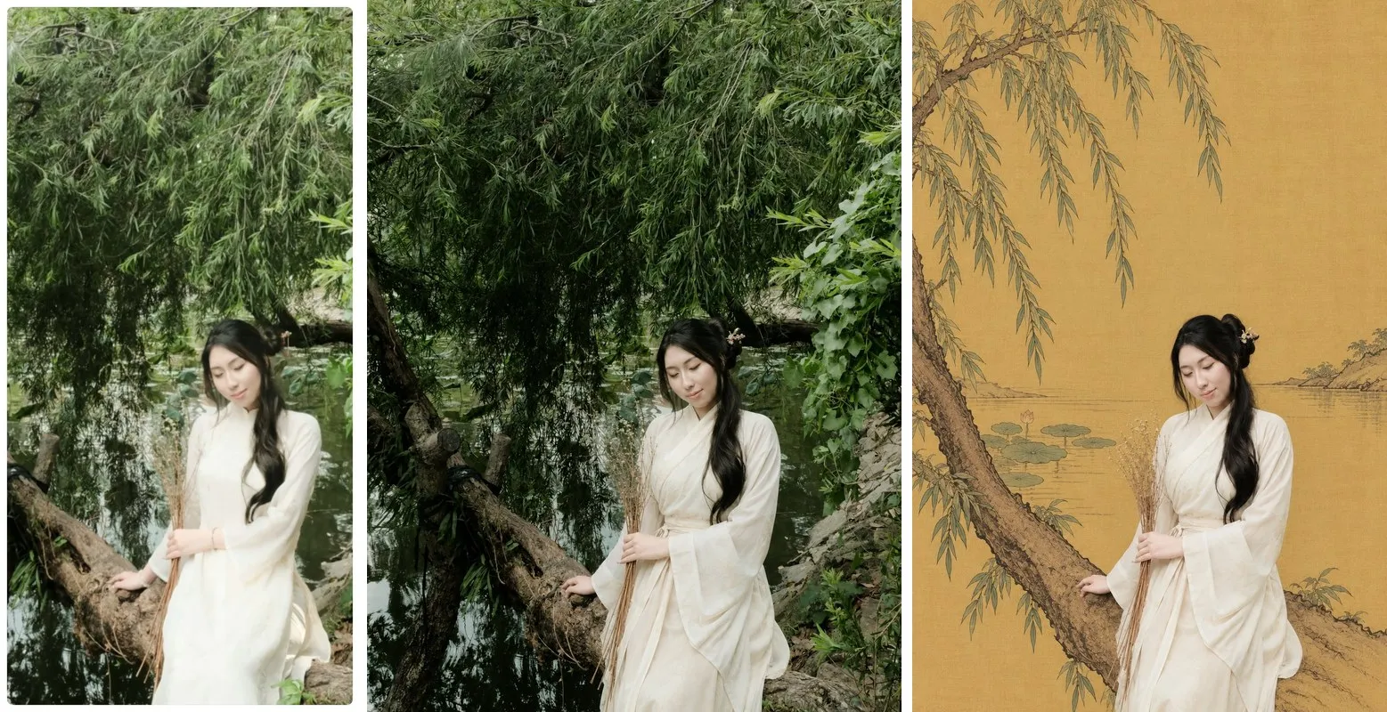 柳树组对比：左原照片，中第一阶段中间图，右最终成品