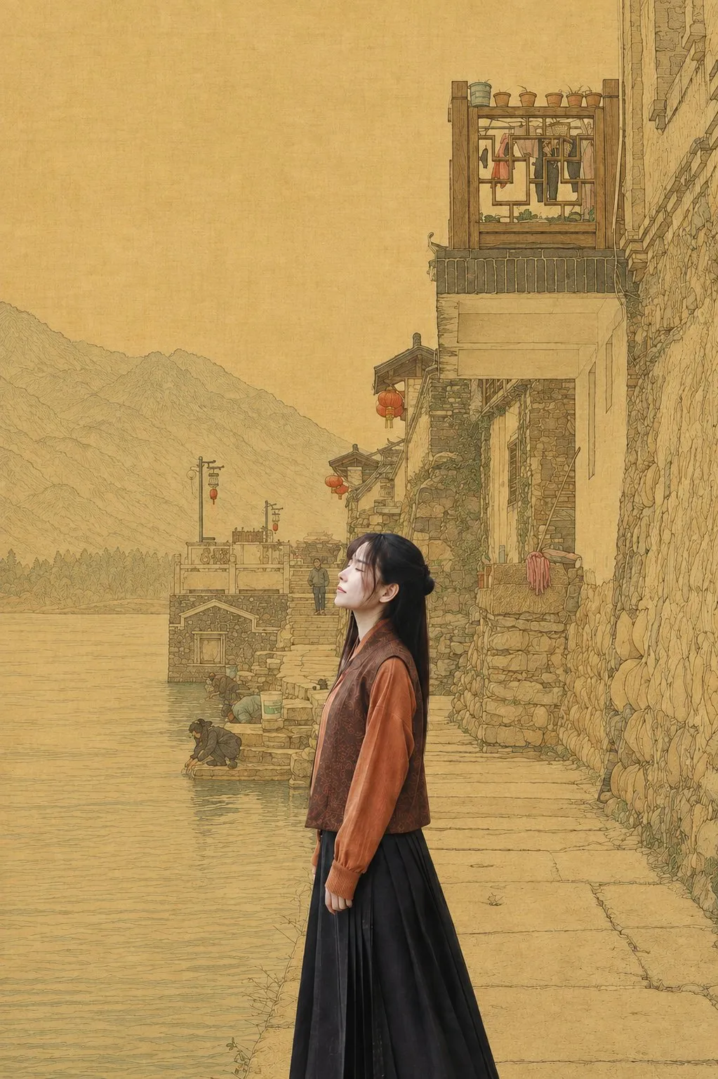 背景被完整描摹的失败结果：房屋、灯笼、花盆、晾晒物等元素全部入画，缺少取舍与留白