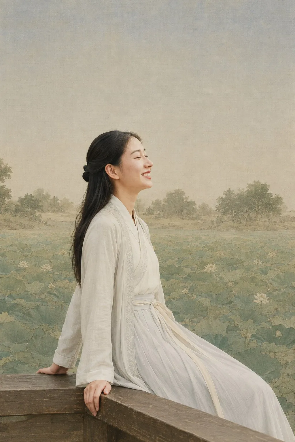 背景晕染的失败结果：人物已古典化，背景发灰发虚，绢本与勾线缺失