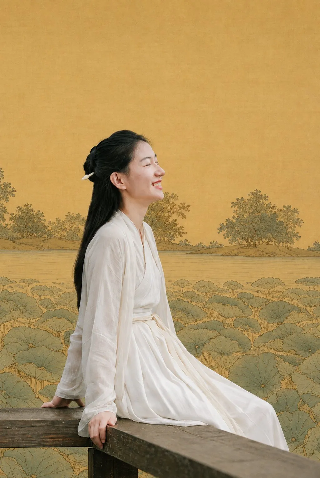 photo-to-gongbi-portrait 输出示例：摄影质感人物与暖黄色绢本工笔背景