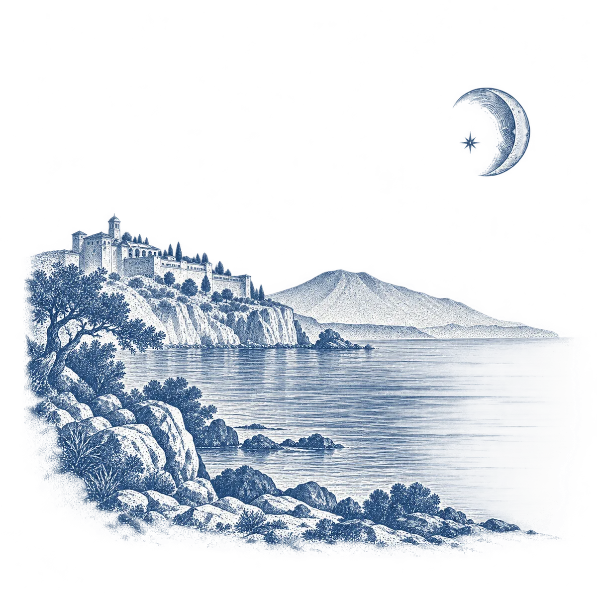 海岸城堡与新月，铜版画风格